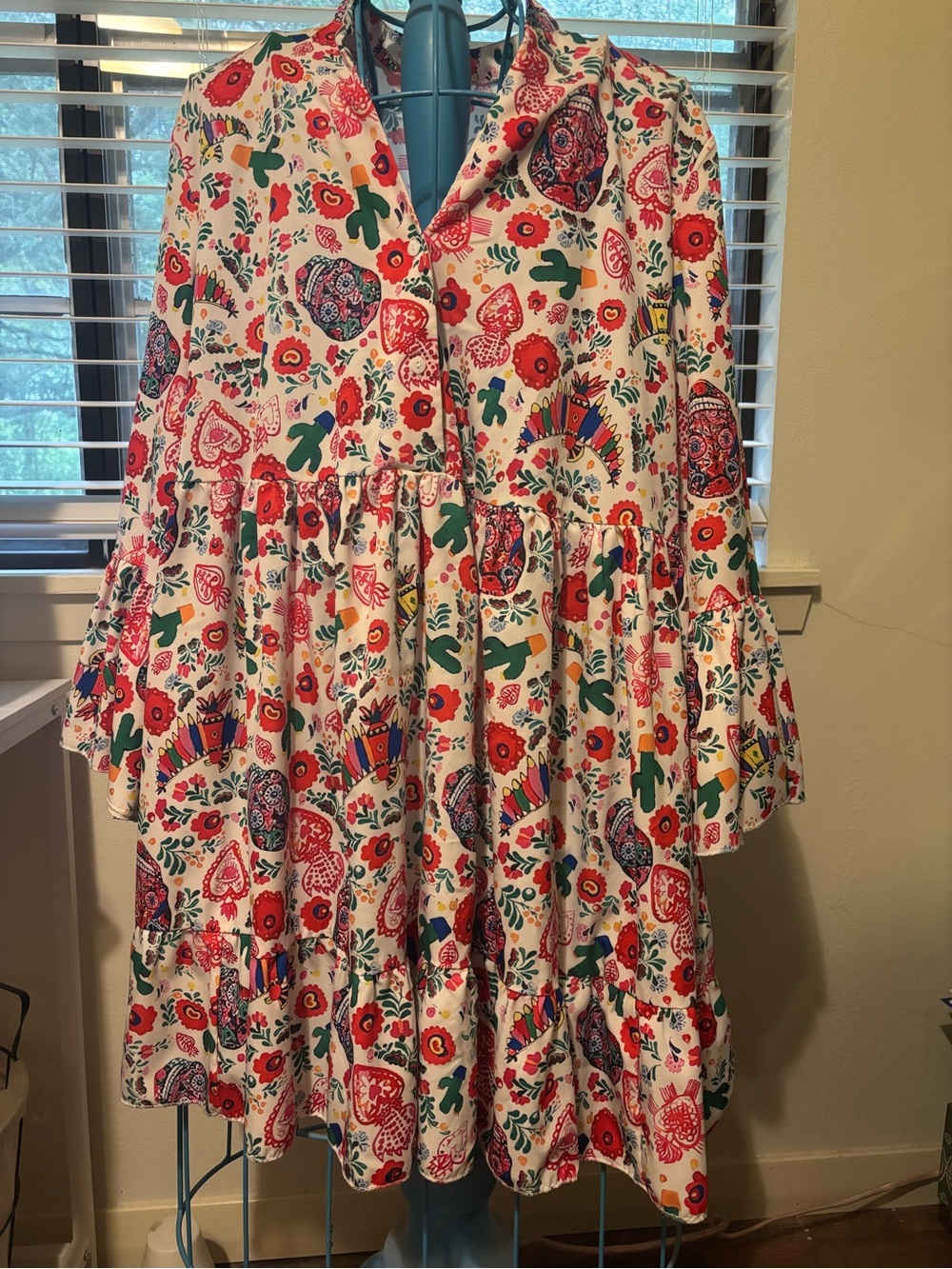 Floral Tiered Button-Front Dress in White with Red & Green Print